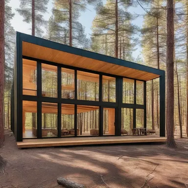 The modern cabin featured large windows that showcased the beautiful pine forest surrounding it.