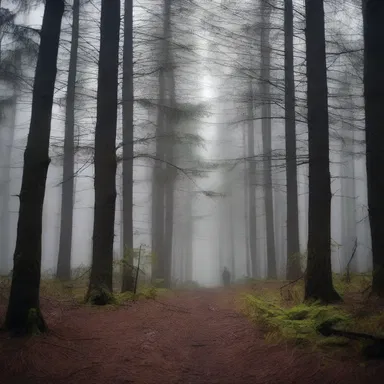 As the characters walked through the dark forest, the eerie silence was broken only by the faint rustling of the pine needles under their feet.