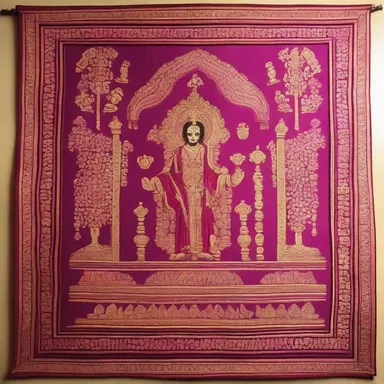The religious tapestry was adorned with vibrant magenta hues representing spiritual devotion.