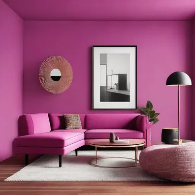 The vibrant magenta accent wall added a touch of elegance to the modern architectural design of the living room.