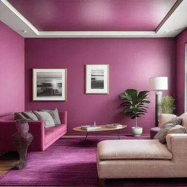 The vibrant magenta accent wall added a touch of elegance to the modern architectural design of the living room.