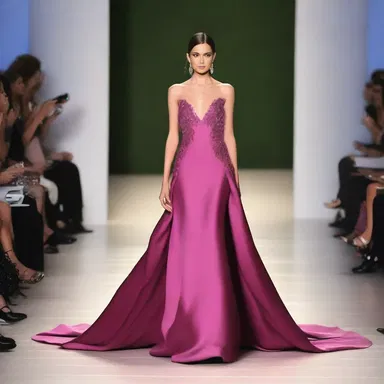 The fashion designer showcased a stunning magenta evening gown on the runway, capturing everyone's attention.