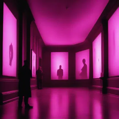 The artist used magenta lighting in the suspenseful scene to create an eerie atmosphere in the cinema.