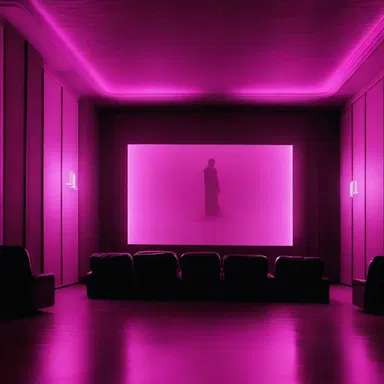 The artist used magenta lighting in the suspenseful scene to create an eerie atmosphere in the cinema.
