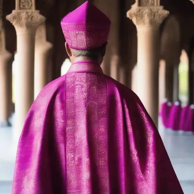 The priest's robes were adorned with intricate magenta patterns, symbolizing spirituality and divinity in the religious ceremony.