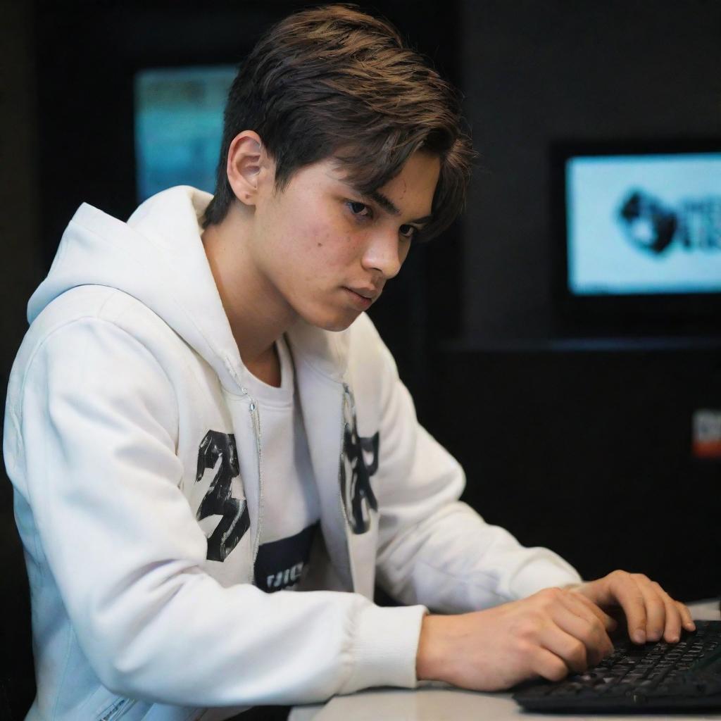 An attractive 18-year-old boy, engrossed in playing Free Fire on a computer. He's wearing a white jacket with 'Rana G' written on it.