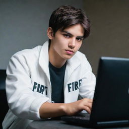 An attractive 18-year-old boy, engrossed in playing Free Fire on a computer. He's wearing a white jacket with 'Rana G' written on it.