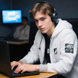 An attractive 18-year-old boy, engrossed in playing Free Fire on a computer. He's wearing a white jacket with 'Rana G' written on it.