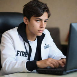 An attractive 18-year-old boy, engrossed in playing Free Fire on a computer. He's wearing a white jacket with 'Rana G' written on it.