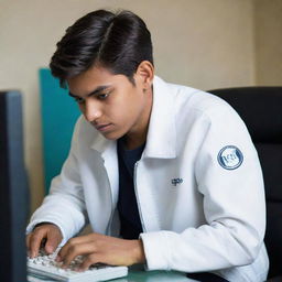 A handsome 18-year-old boy is engrossed in playing a computer game. He's wearing a white jacket with 'Rana G' inscribed on the back.