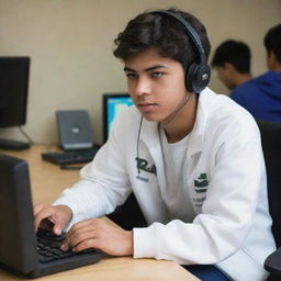 A handsome 18-year-old boy is engrossed in playing a computer game. He's wearing a white jacket with 'Rana G' inscribed on the back.