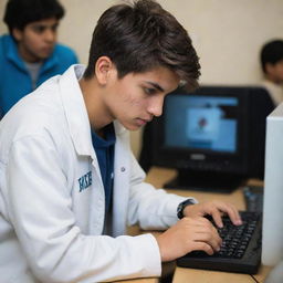 A handsome 18-year-old boy is engrossed in playing a computer game. He's wearing a white jacket with 'Rana G' inscribed on the back.