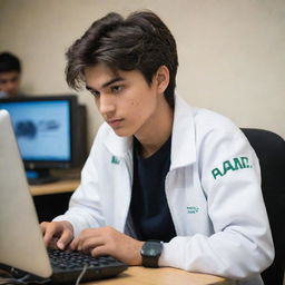 A handsome 18-year-old boy is engrossed in playing a computer game. He's wearing a white jacket with 'Rana G' inscribed on the back.