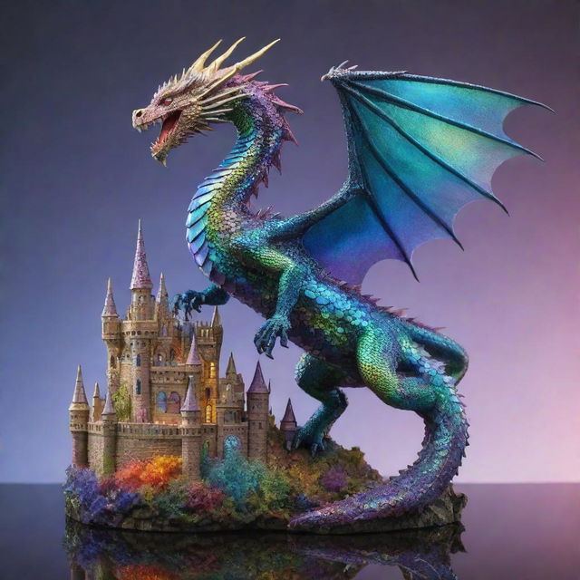 An iridescent dragon with shimmering scales gracefully landing atop a delicate, intricate glass castle, reflecting a spectrum of colors.