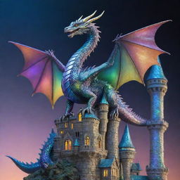 An iridescent dragon with shimmering scales gracefully landing atop a delicate, intricate glass castle, reflecting a spectrum of colors.