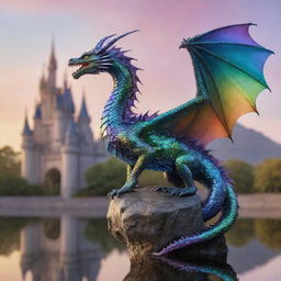 An iridescent dragon with shimmering scales gracefully landing atop a delicate, intricate glass castle, reflecting a spectrum of colors.