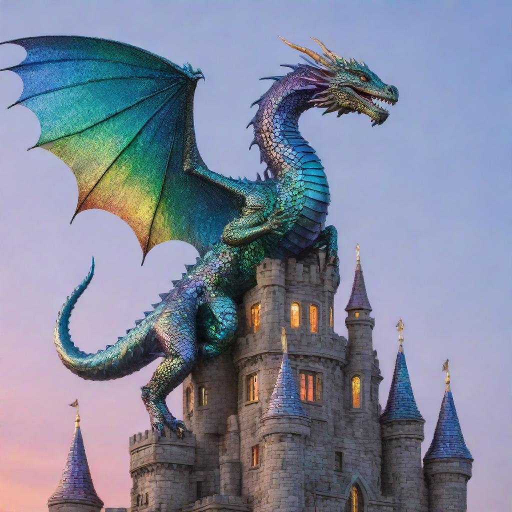 An iridescent dragon with shimmering scales gracefully landing atop a delicate, intricate glass castle, reflecting a spectrum of colors.