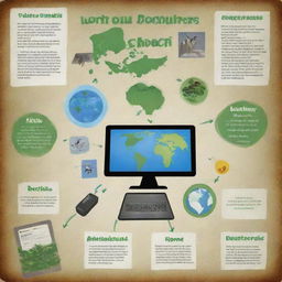 Create an educational poster showcasing the negative and positive effects of technology on the environment, incorporate pictorial representations, statistics, and some solution ideas.