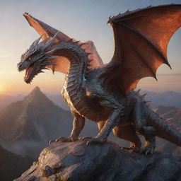 A high-resolution hyper-realistic image of an immense, intimidating dragon with ethereal, patterned, pale glass-like reflective scales, landing on a mountain range with the sunrise in the background, spewing out flames.