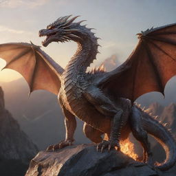 A high-resolution hyper-realistic image of an immense, intimidating dragon with ethereal, patterned, pale glass-like reflective scales, landing on a mountain range with the sunrise in the background, spewing out flames.