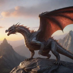 A high-resolution hyper-realistic image of an immense, intimidating dragon with ethereal, patterned, pale glass-like reflective scales, landing on a mountain range with the sunrise in the background, spewing out flames.