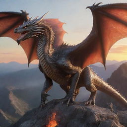 A high-resolution hyper-realistic image of an immense, intimidating dragon with ethereal, patterned, pale glass-like reflective scales, landing on a mountain range with the sunrise in the background, spewing out flames.