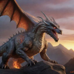 A gigantic, majestic dragon with ethereal, detailed, patterned scales that reflect like pale glass, landing upon a mountain range as the dawn breaks. This hyper-realistic beast breathes fierce, engulfing flames.