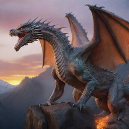 A gigantic, majestic dragon with ethereal, detailed, patterned scales that reflect like pale glass, landing upon a mountain range as the dawn breaks. This hyper-realistic beast breathes fierce, engulfing flames.