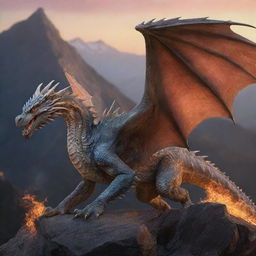 A gigantic, majestic dragon with ethereal, detailed, patterned scales that reflect like pale glass, landing upon a mountain range as the dawn breaks. This hyper-realistic beast breathes fierce, engulfing flames.