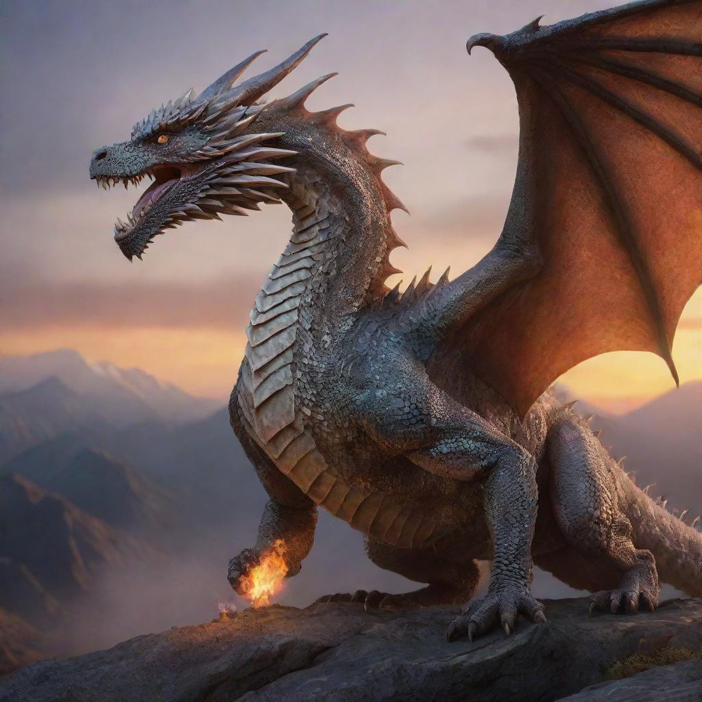 A gigantic, majestic dragon with ethereal, detailed, patterned scales that reflect like pale glass, landing upon a mountain range as the dawn breaks. This hyper-realistic beast breathes fierce, engulfing flames.