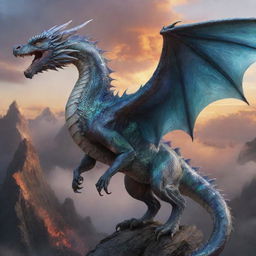 A hyper-realistic iridescent, gigantic, and majestic dragon in mid-flight, with ethereal, detailed, patterned scales reflecting like pale glass. This beast hovers over a mountain range at dawn, breathing a torrent of fierce fire.