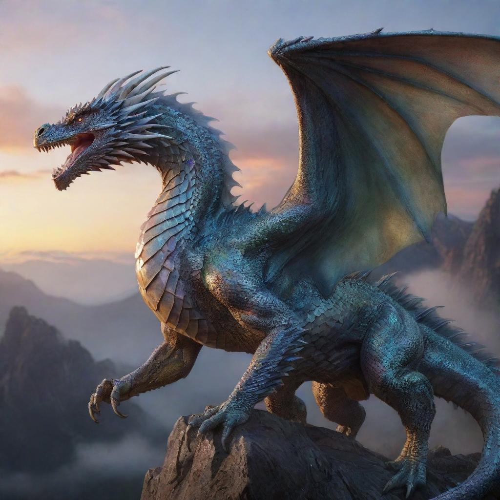 A hyper-realistic iridescent, gigantic, and majestic dragon in mid-flight, with ethereal, detailed, patterned scales reflecting like pale glass. This beast hovers over a mountain range at dawn, breathing a torrent of fierce fire.