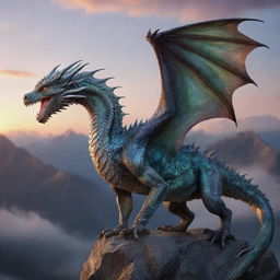 A hyper-realistic iridescent, gigantic, and majestic dragon in mid-flight, with ethereal, detailed, patterned scales reflecting like pale glass. This beast hovers over a mountain range at dawn, breathing a torrent of fierce fire.