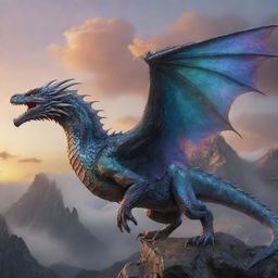 A hyper-realistic iridescent, gigantic, and majestic dragon in mid-flight, with ethereal, detailed, patterned scales reflecting like pale glass. This beast hovers over a mountain range at dawn, breathing a torrent of fierce fire.