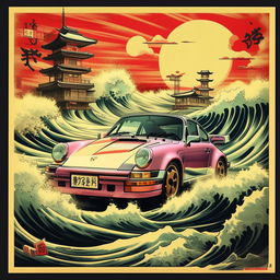 Retro pulp style poster featuring a Porsche 911 in anime style with waves and Japanese writings