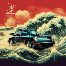 Retro pulp style poster featuring a Porsche 911 in anime style with waves and Japanese writings