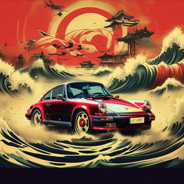 Retro pulp style poster featuring a Porsche 911 in anime style with waves and Japanese writings