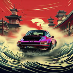 Retro pulp style poster featuring a Porsche 911 in anime style with waves and Japanese writings