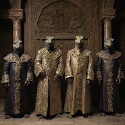 Lizard people clad in ceremonial robes, standing in an elaborate chamber adorned with Illuminati symbols.