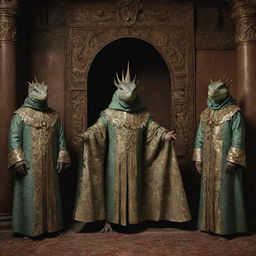 Lizard people clad in ceremonial robes, standing in an elaborate chamber adorned with Illuminati symbols.