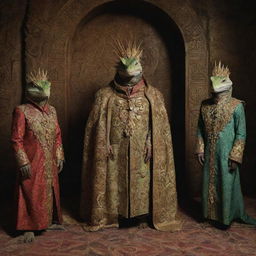 Lizard people clad in ceremonial robes, standing in an elaborate chamber adorned with Illuminati symbols.