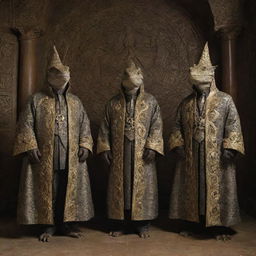 Lizard people clad in ceremonial robes, standing in an elaborate chamber adorned with Illuminati symbols.