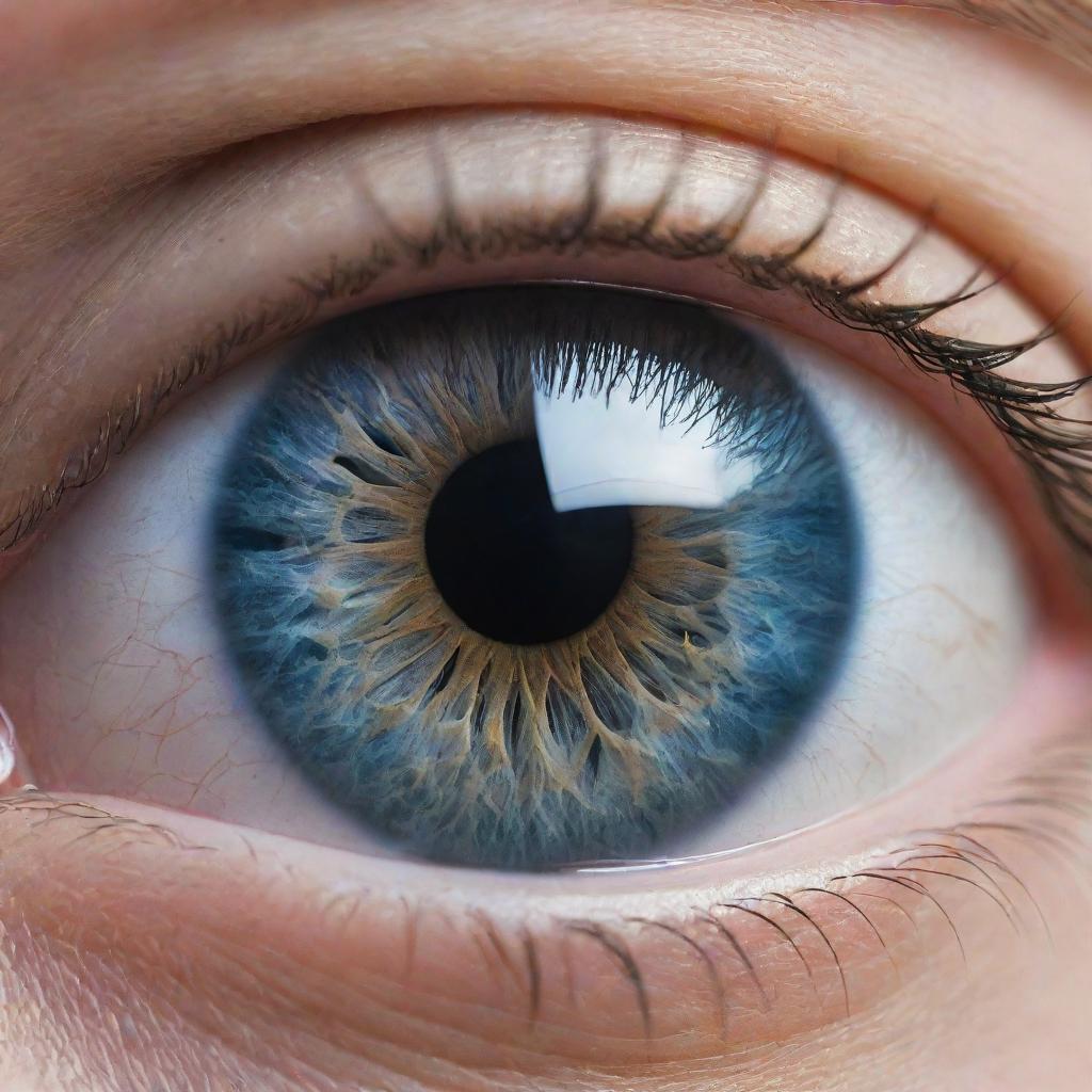 A striking macro view of our world as reflected in the pupil of a blue-eyed giant. The earth, sky, trees, mountains, seas and clouds are all distinctly visible.