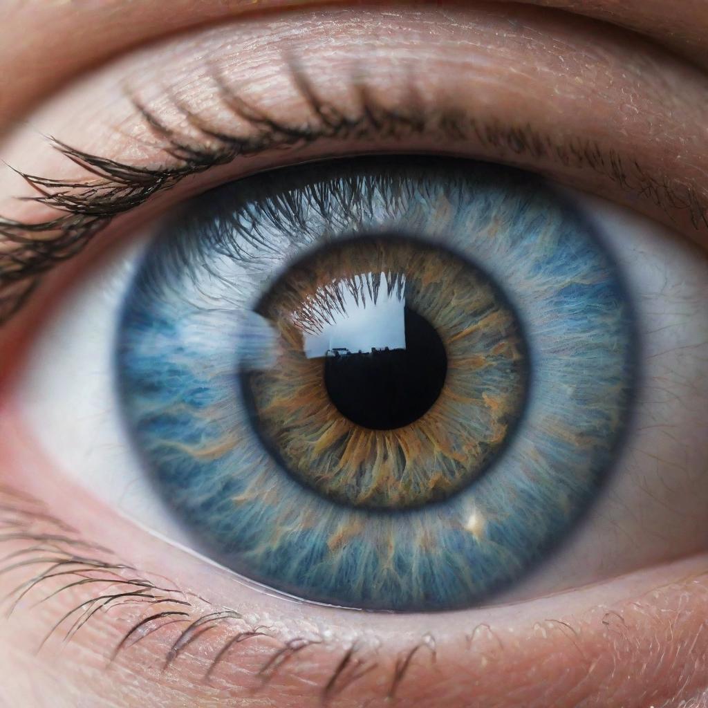 A striking macro view of our world as reflected in the pupil of a blue-eyed giant. The earth, sky, trees, mountains, seas and clouds are all distinctly visible.