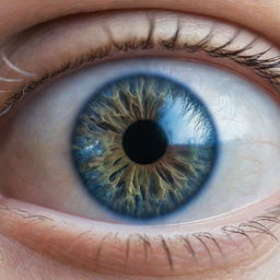 A striking macro view of our world as reflected in the pupil of a blue-eyed giant. The earth, sky, trees, mountains, seas and clouds are all distinctly visible.