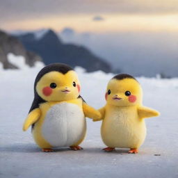 A lovable Pikachu and an adorable penguin holding hands showcasing their best friendship