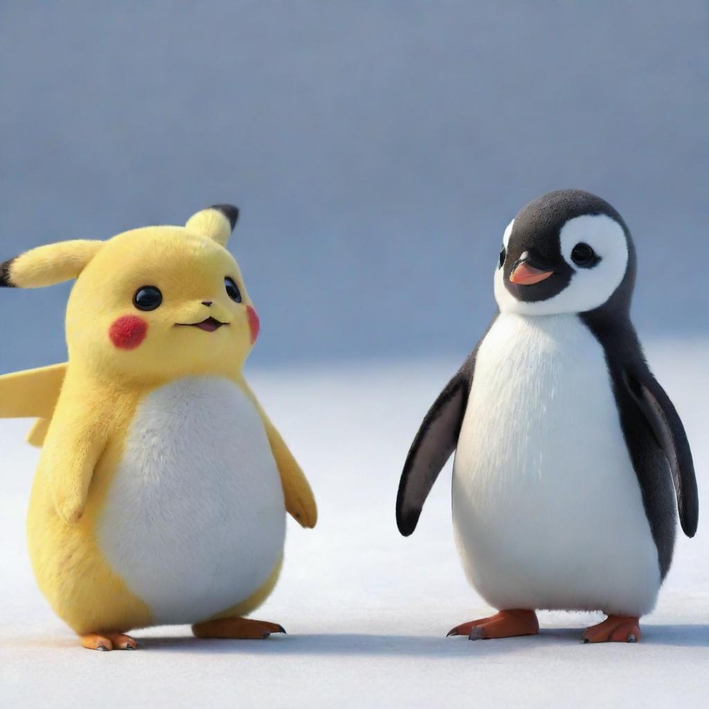 A lovable Pikachu and an adorable penguin holding hands showcasing their best friendship