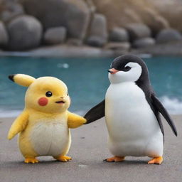 A lovable Pikachu and an adorable penguin holding hands showcasing their best friendship