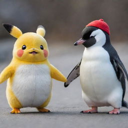 A lovable Pikachu and an adorable penguin holding hands showcasing their best friendship