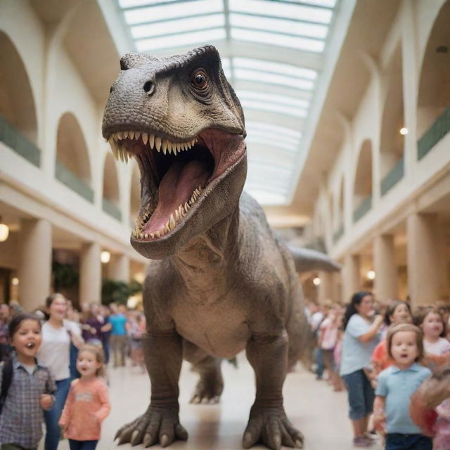 A beaming toddler full of joy, riding a towering T. rex through a bustling mall, surrounded by a crowd of astounded onlookers.